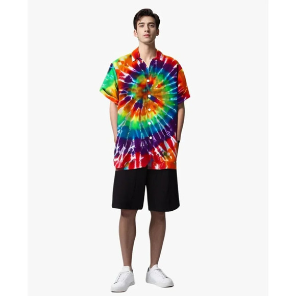 ❤️Men Rainbow Print Short Sleeve Hawaiian Fit Casual Button Down Beach Shirts - Picture 2 of 7